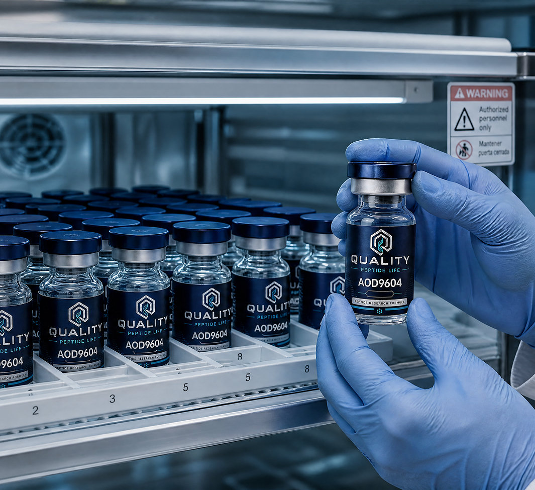Researcher inspecting a QualityPeptide Life vial in a temperature-controlled storage unit